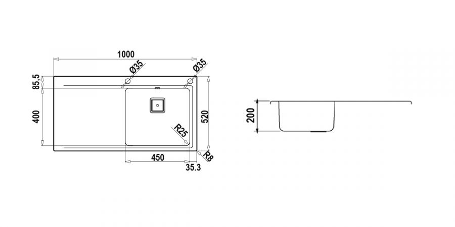 Disegno tecnico Domus D100L DX INOX  Cod. DOMD100LDX