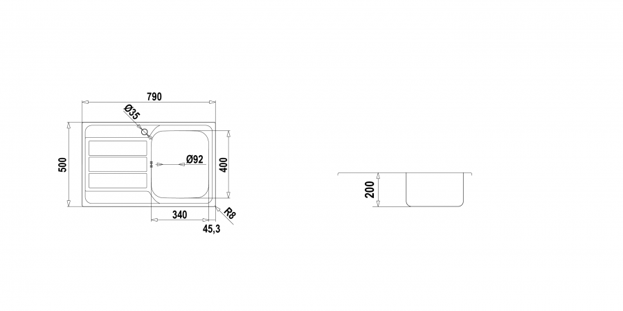 Disegno tecnico MASTER D100S VASCA DESTRA INOX  Cod. MASTD100SDX