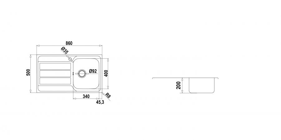 Disegno tecnico MASTER D100 VASCA DESTRA INOX  Cod. MASTD100DX