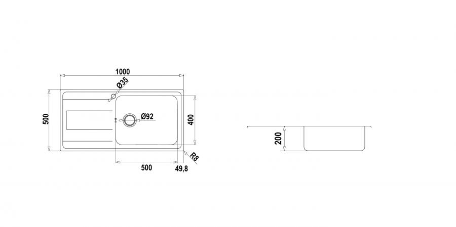 Disegno tecnico Wave D100L VASCA DESTRA INOX  Cod. WAVD100LDX