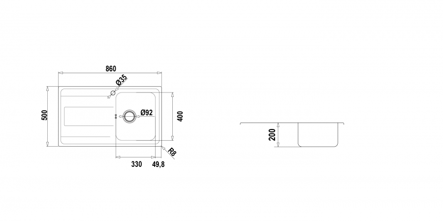 Disegno tecnico Wave D100 VASCA SINISTRA INOX  Cod. WAVD100SX