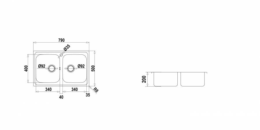 Disegno tecnico MASTER N200S DOPPIA VASCA SMALL INOX  Cod. MASTN200S