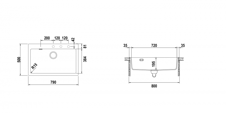 Disegno tecnico Vasche banco rubinetteria PRIMUS N100XL NERO ASSOLUTO  Cod. PRIN100AP13