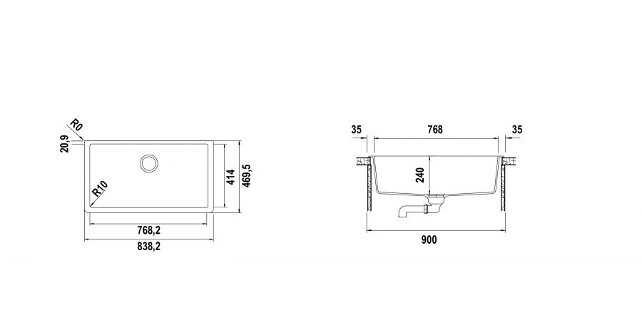 Disegno tecnico Vasche sottotop SOLIDO N100XL BIANCO ASSOLUTO   Cod. SOLN100L01