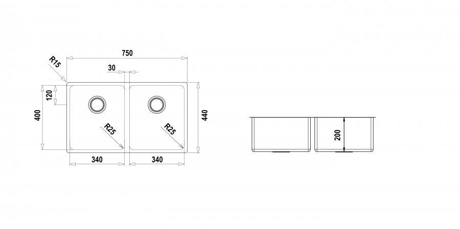 Disegno tecnico MONO FN200 - R25 INOX  Cod. MONFN200