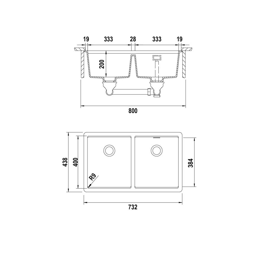 Disegno tecnico Vasche sottotop GALAXY N200U NERO PURO  Cod. GALN200U84