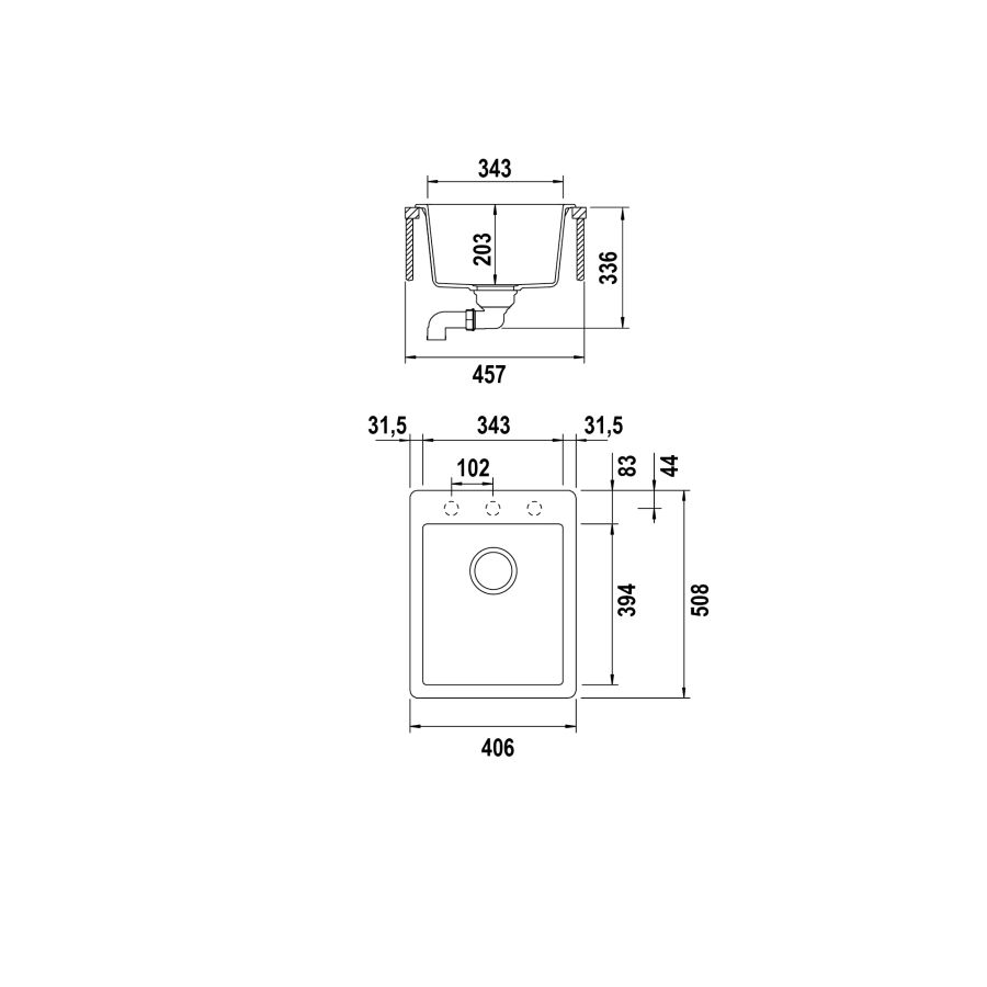Disegno tecnico Vasche banco rubinetteria NEMO N100XS BIANCO ASSOLUTO   Cod. NEMN100XS01