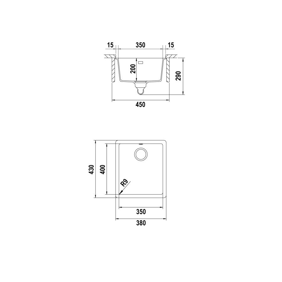 Disegno tecnico Vasche sottotop GALAXY N100SU NERO PURO  Cod. GALN100SU84