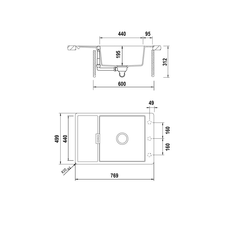 Disegno tecnico Vasche filotop MONO D100XS F NERO PURO  Cod. MOND100XSFBPUR