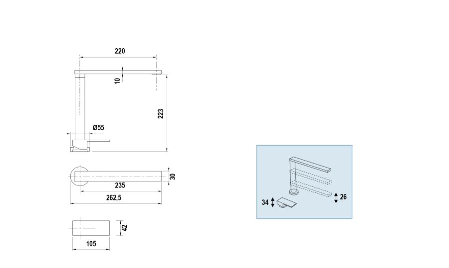 Disegno tecnico NEW AQUALIFT UP&DOWN CROMATO  Cod. SXLIFTN80